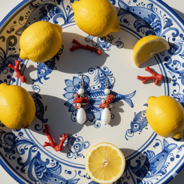 Orecchini Pendenti in Corallo Rosso Originale e Onice - immagine 4