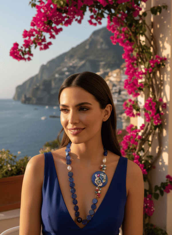 Collana Asimmetrica "Sirena" in Agata Blu e Perle - immagine 3