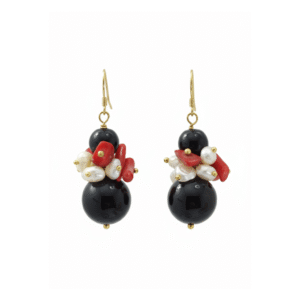 Orecchini Onice Nero, Corallo Rosso e Perle
