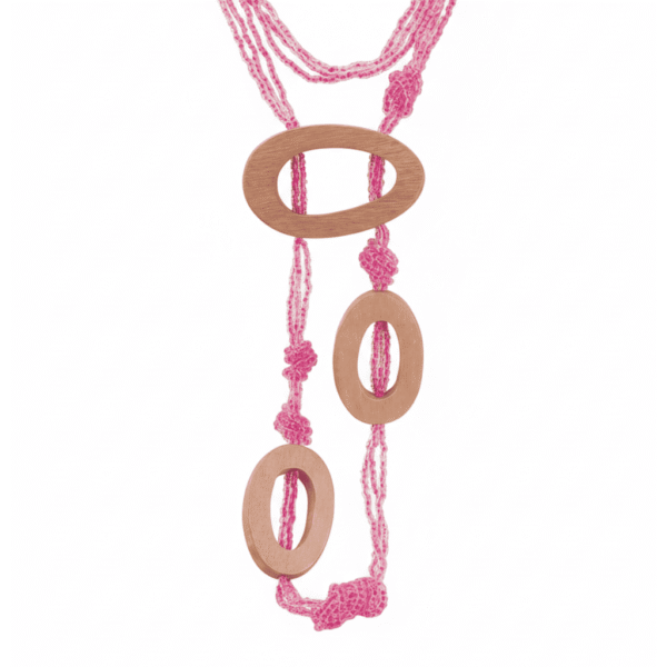 Collana Lunga Fucsia con Ciondolo in Legno