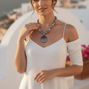 Collana di Perle con Ciondolo in Agata a Fasce