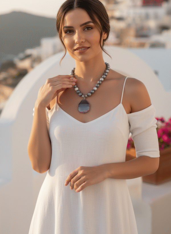 Collana di Perle con Ciondolo in Agata a Fasce - immagine 2