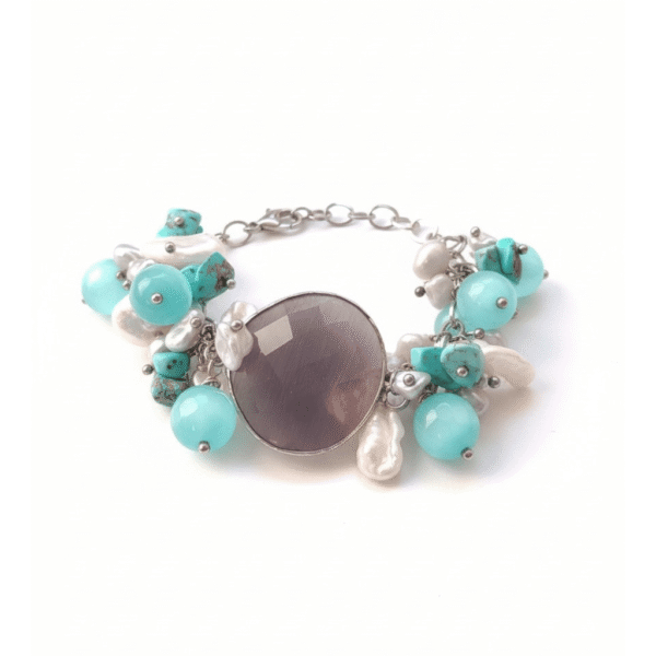 Bracciale Statement Grigio Fumo, Turchese e Perle