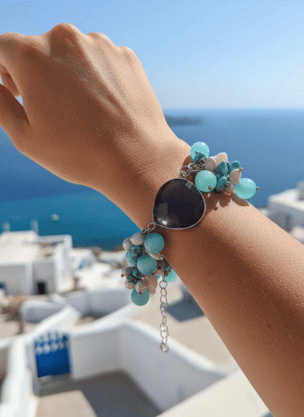Bracciale Statement Grigio Fumo, Turchese e Perle - immagine 2