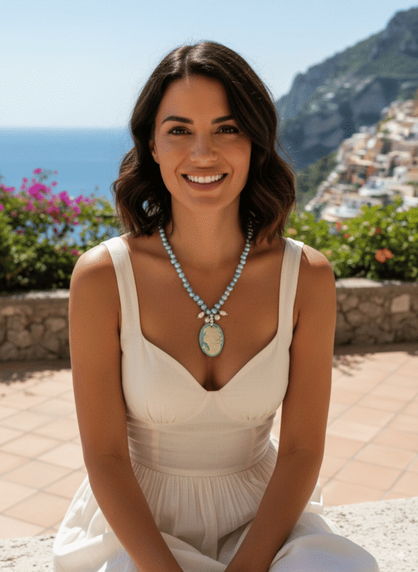 Collana Stile Positano con Cammeo Azzurro e Perle - immagine 2