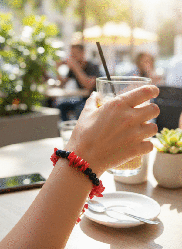 Bracciale in Corallo Rosso Originale e Onice Nero - immagine 3