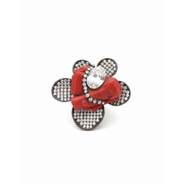 Anello Fiore di Corallo e Cristalli