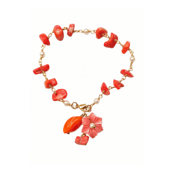 Bracciale Estivo in Corallo e Perle con Ciondolo Fiore