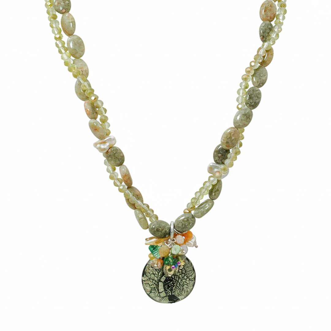 Collana in Agata Verde Oliva con Cristalli e Perle