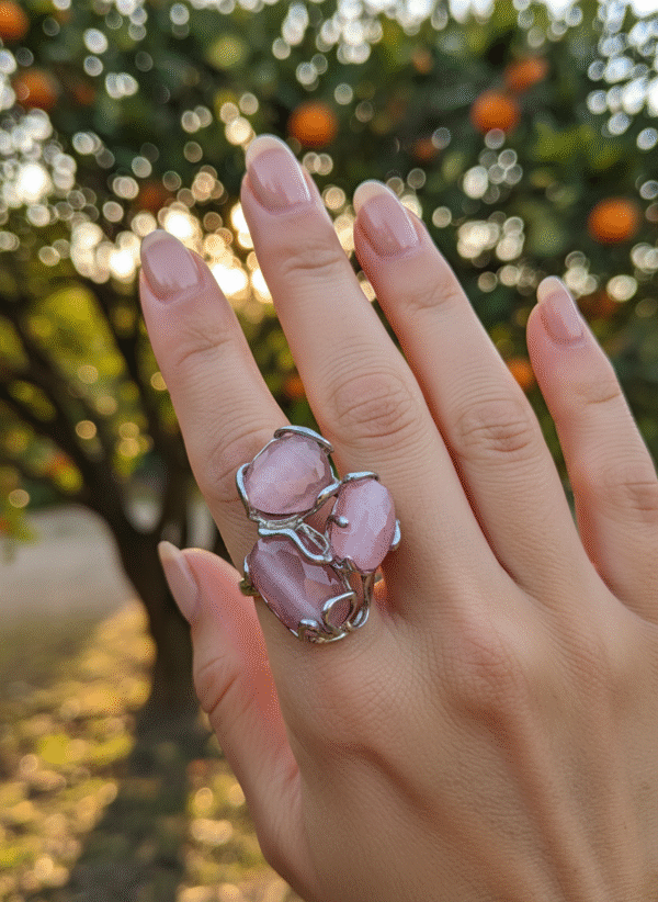 Anello Cocktail "Bouquet" in Quarzo Rosa - immagine 2
