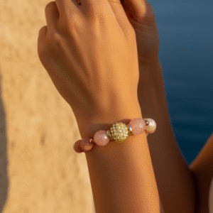 Bracciale Elastico in Quarzo Rosa, Corallo e Perle