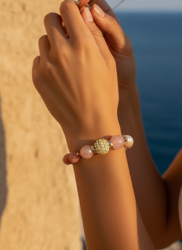 Bracciale Elastico in Quarzo Rosa, Corallo e Perle - immagine 2