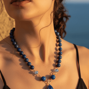Collana Girocollo Agata Blu e Ciondolo di Cristallo