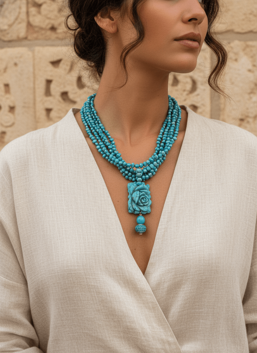 Collana Multifilo Turchese con Ciondolo a Rosa - immagine 5