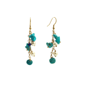 Orecchini a Grappolo in Turchese, Pietra Lavica e Perle