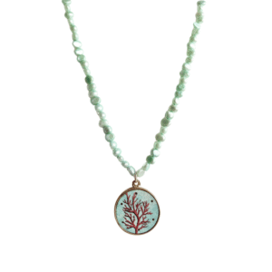 Collana Ninfea con Perle Acquamarina e Ciondolo Corallo