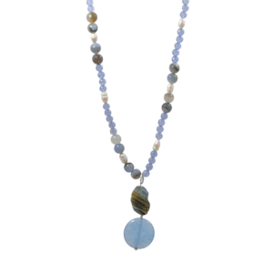 Collana Lunga Fiume di Pietre con Azzurrite, Perle e Agata