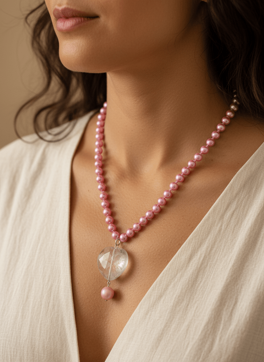 Collana Amore Puro con Perle Rosa e Cuore in Quarzo - immagine 2