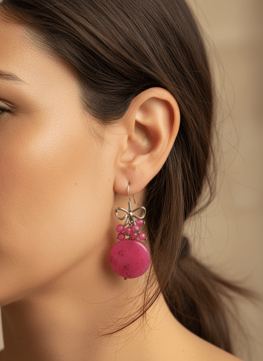 Orecchini Bon Bon in Quarzo Fucsia con Fiocco in Argento - immagine 2