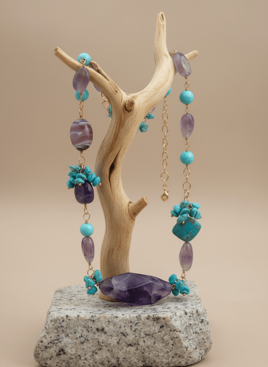 Collana Asimmetrica Dea Viola in Ametista e Turchese - immagine 5