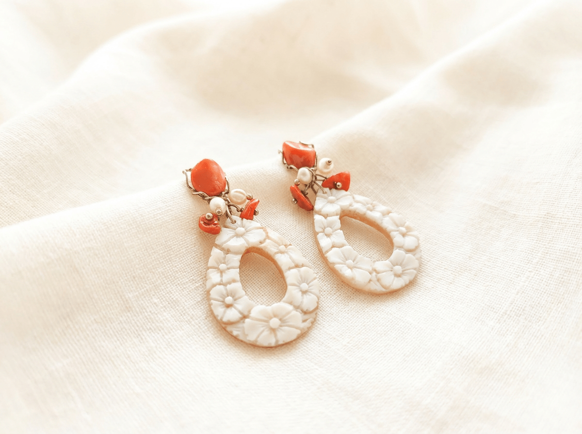 Orecchini Importanti Corallo e Cammeo Floreale - immagine 7