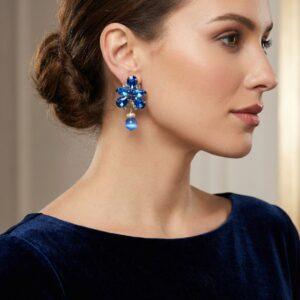 Orecchini a Lobo Fiore di Cristallo e Goccia Blu