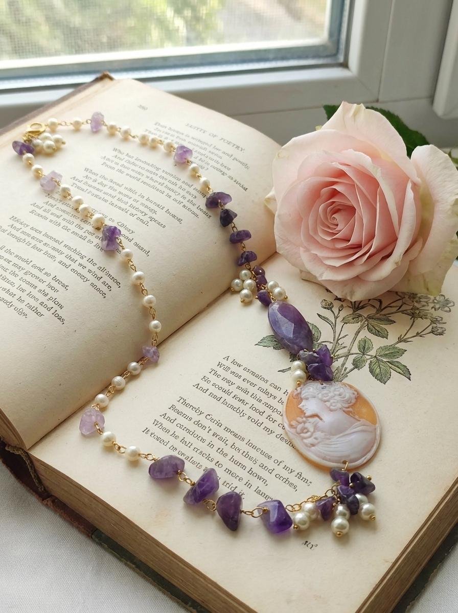 Collana Lunga con Cammeo Sardonico, Ametista e Perle - immagine 3