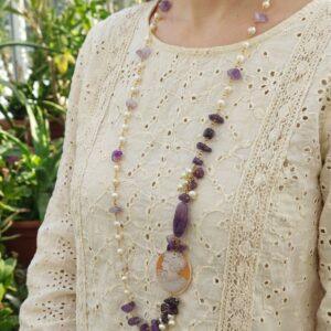 Collana Lunga con Cammeo Sardonico, Ametista e Perle