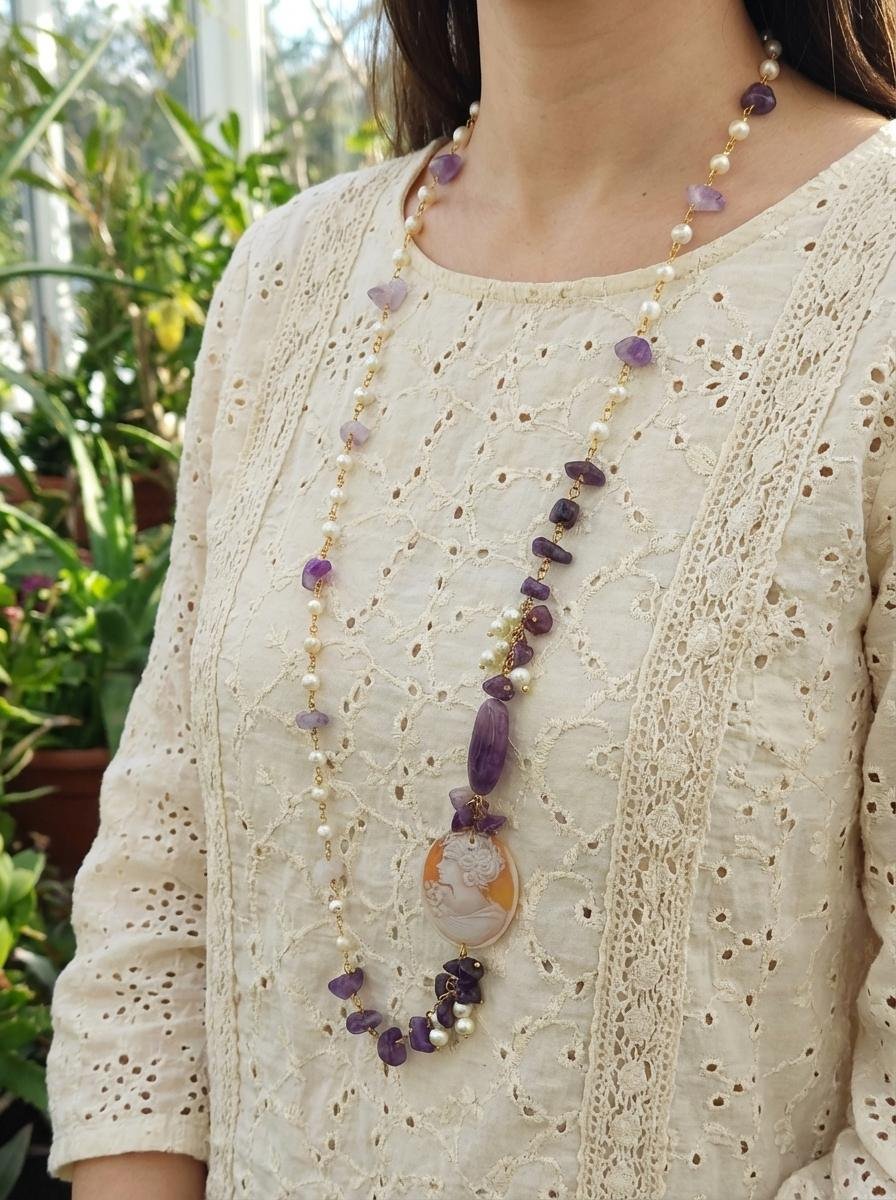 Collana Lunga con Cammeo Sardonico, Ametista e Perle - immagine 2