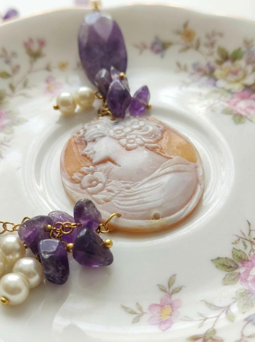 Collana Lunga con Cammeo Sardonico, Ametista e Perle - immagine 4