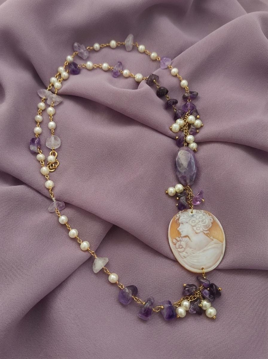 Collana Lunga con Cammeo Sardonico, Ametista e Perle - immagine 5