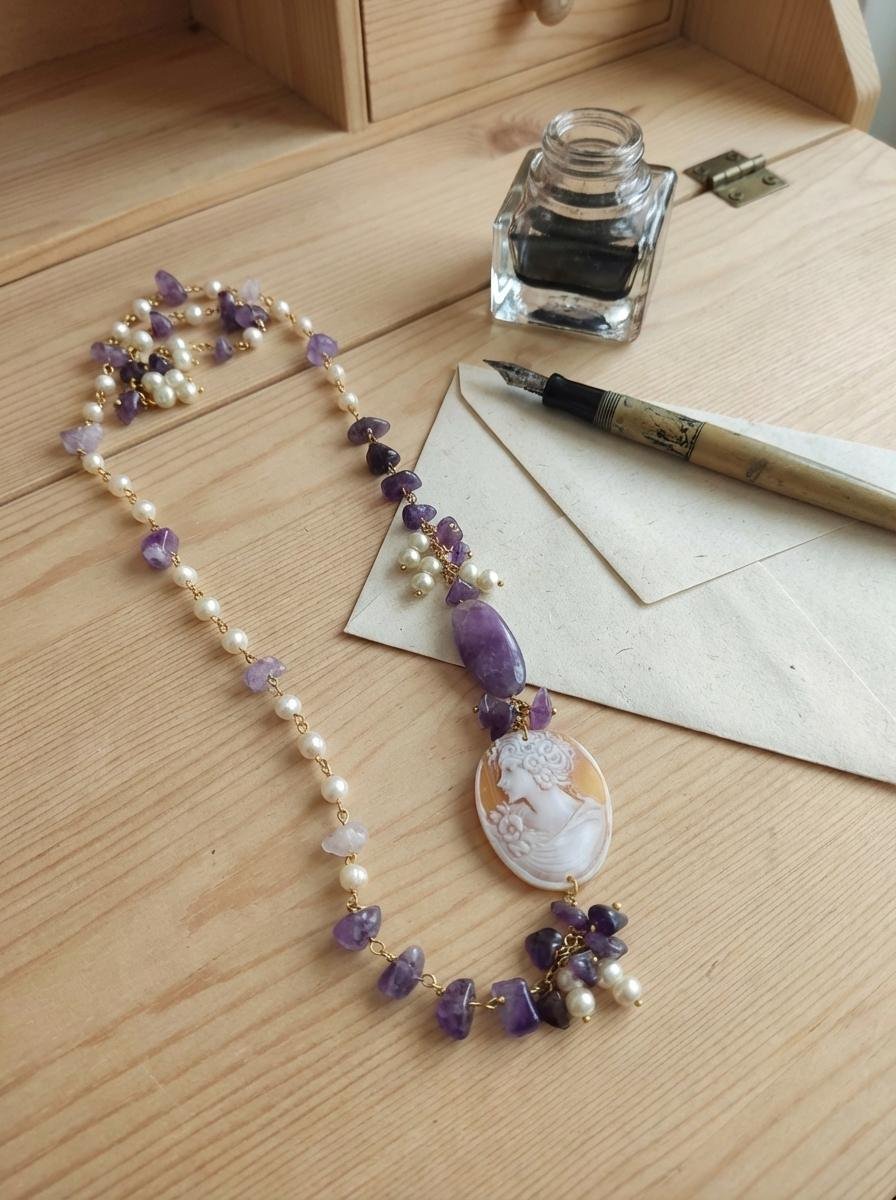 Collana Lunga con Cammeo Sardonico, Ametista e Perle - immagine 6
