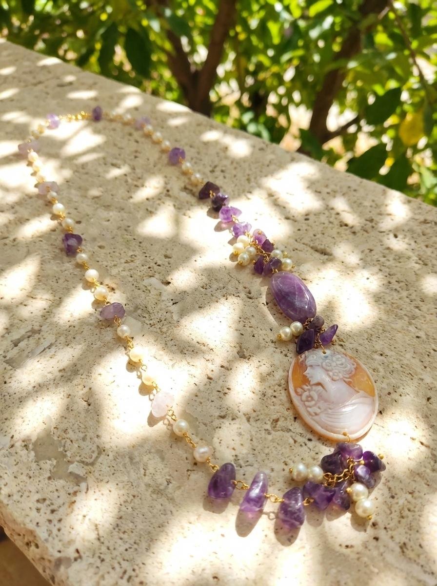 Collana Lunga con Cammeo Sardonico, Ametista e Perle - immagine 8