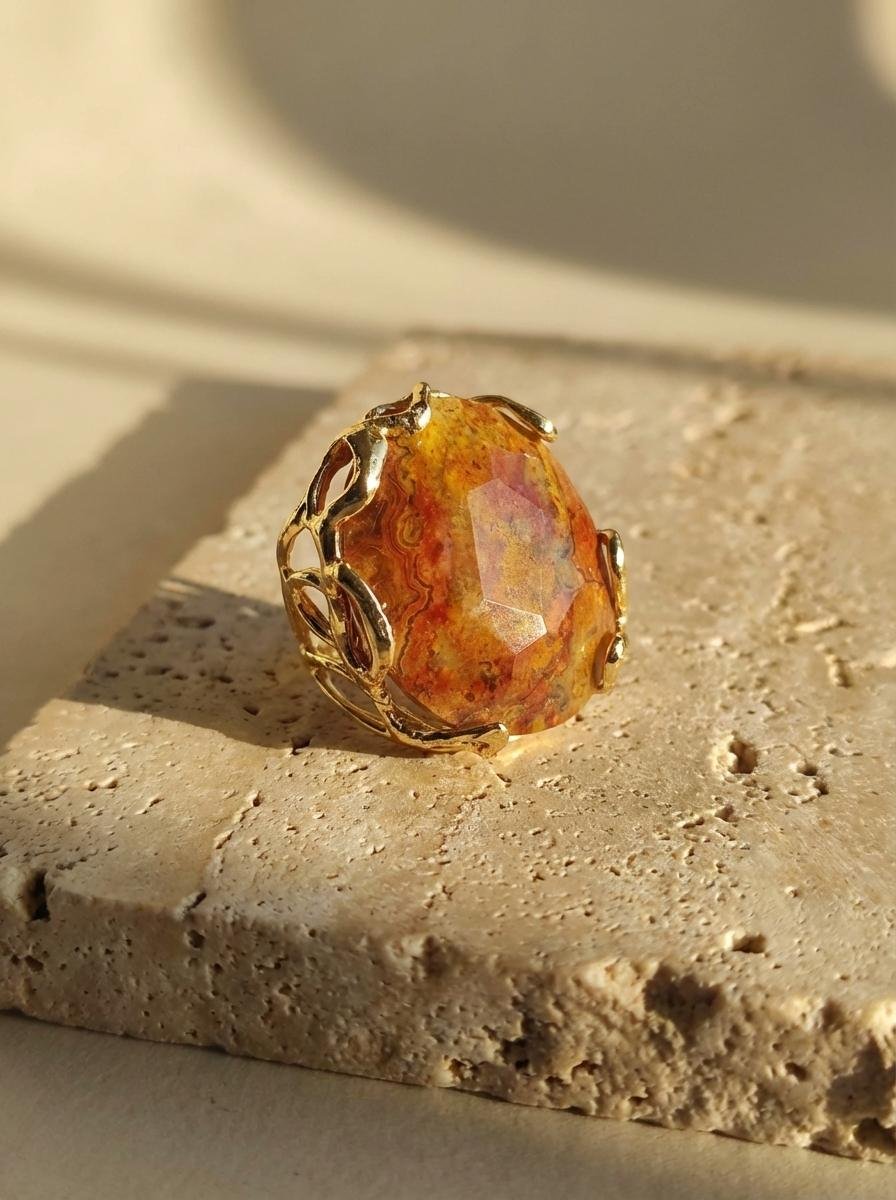 Anello con Grande Agata Crazy Lace e Montatura Dorata - immagine 3