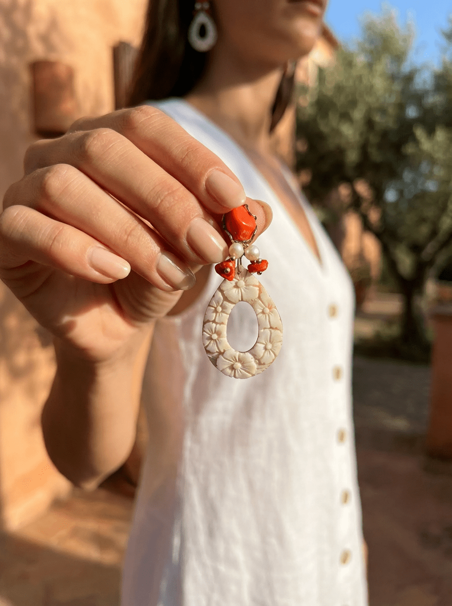 Orecchini Importanti Corallo e Cammeo Floreale - immagine 3