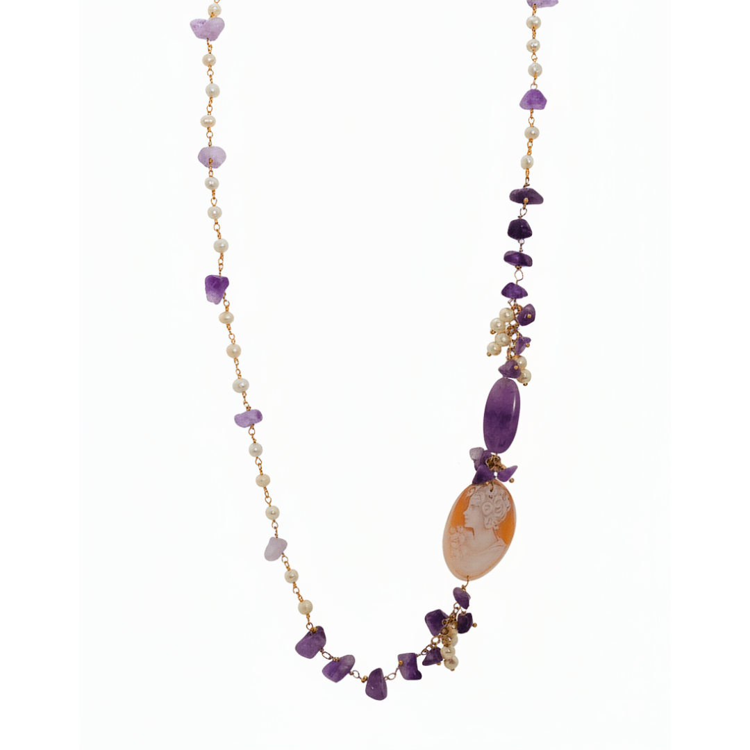 Collana Lunga con Cammeo Sardonico, Ametista e Perle