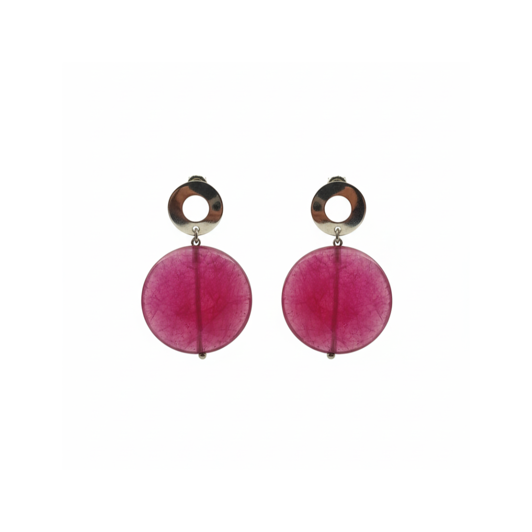 Orecchini Disco Sfaccettato in Agata Fucsia