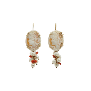 Orecchini Cammeo Sardonico Floreale con Corallo e Perle