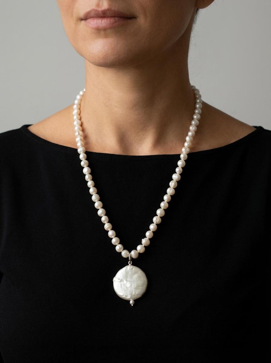 Collana Perle di Fiume con Ciondolo Perla a Moneta - immagine 2