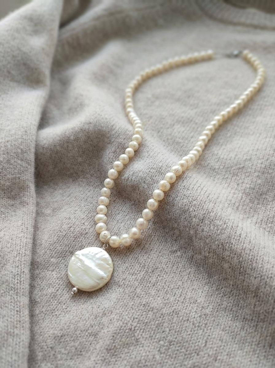 Collana Perle di Fiume con Ciondolo Perla a Moneta - immagine 3