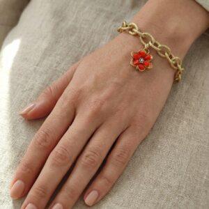 Bracciale a Catena Dorata con Fiore in Corallo Bambù