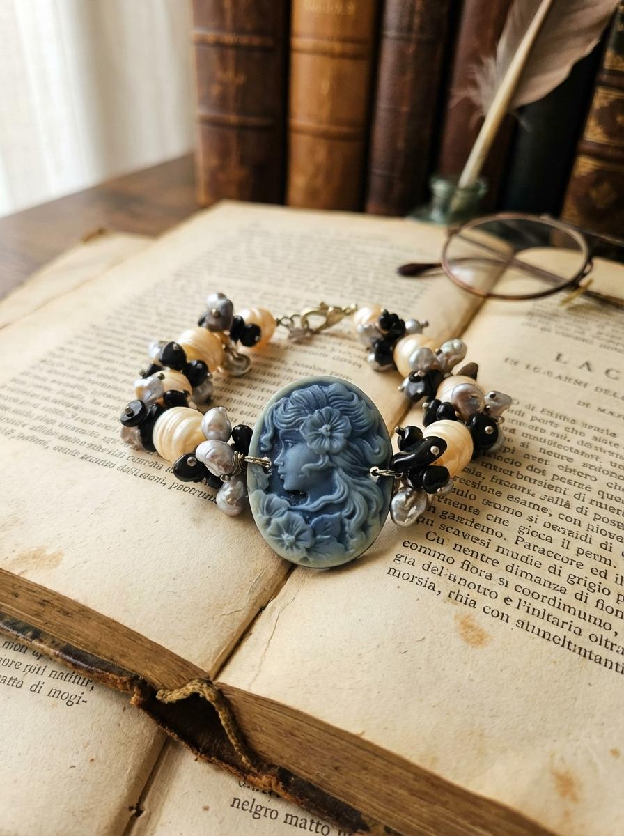 Bracciale in Perle Barocche e Onice con Cammeo Blu - immagine 2
