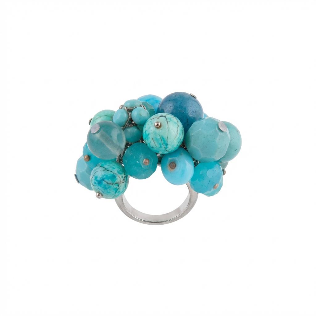 Anello a Grappolo in Agata e Turchese Azzurro Mare