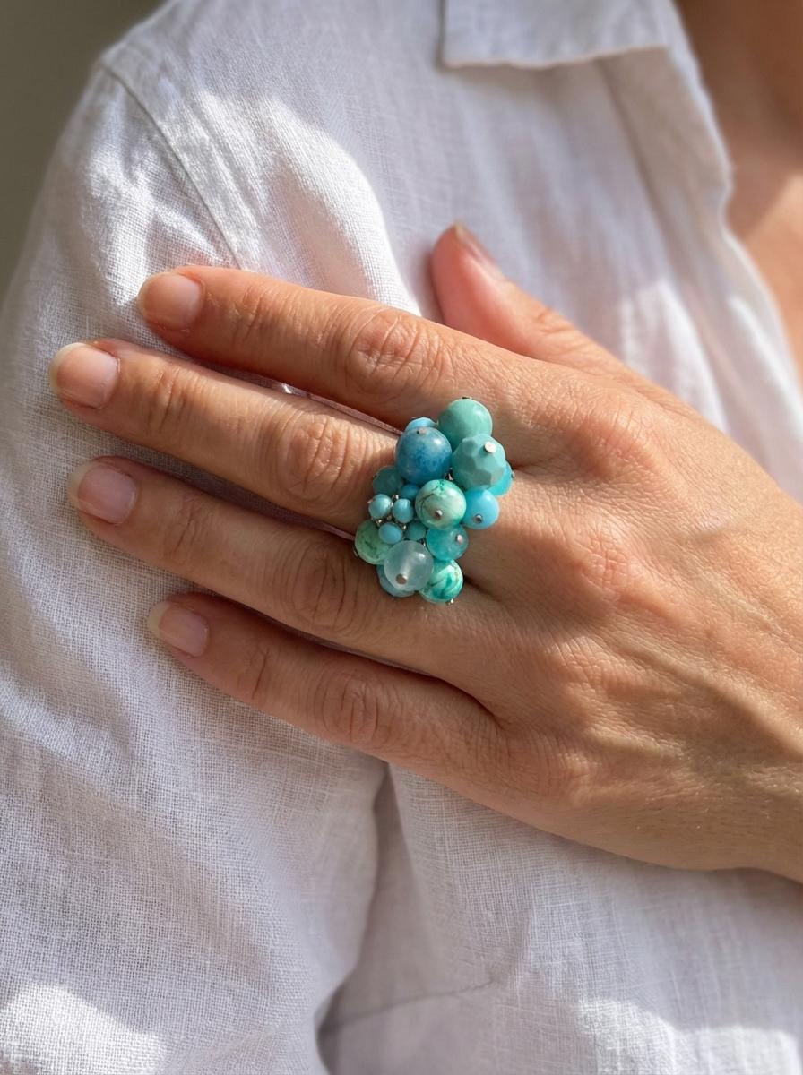 Anello a Grappolo in Agata e Turchese Azzurro Mare - immagine 3