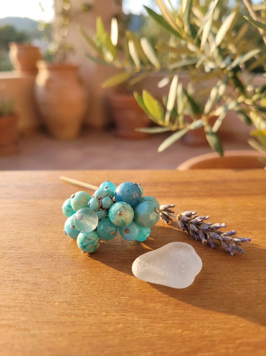 Anello a Grappolo in Agata e Turchese Azzurro Mare - immagine 4
