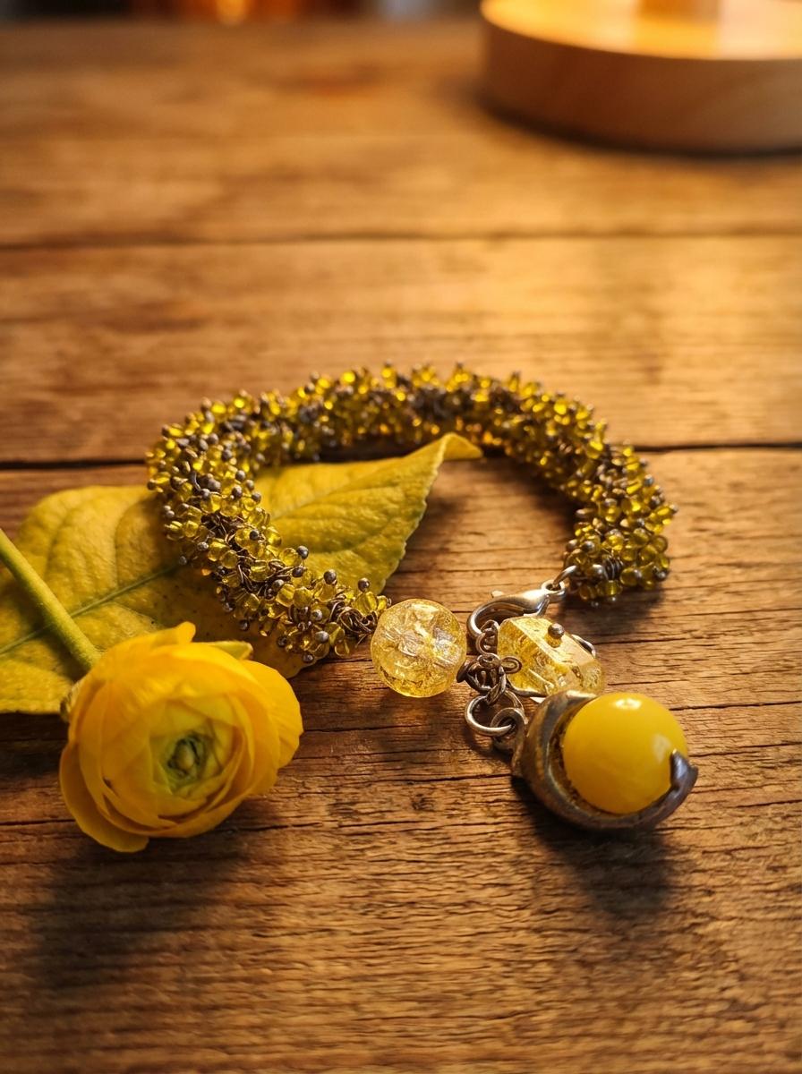Bracciale Etnico con Agata Gialla e Intreccio di Perline - immagine 4
