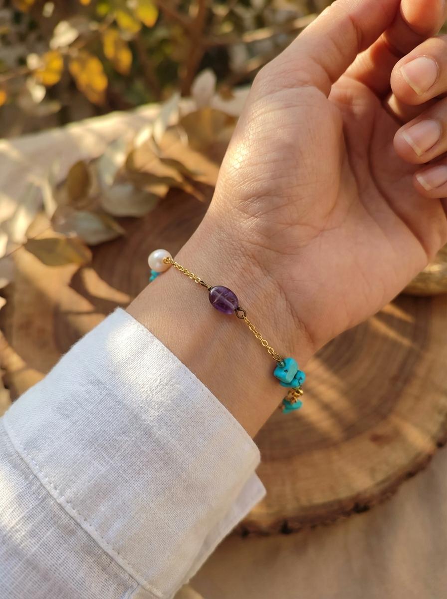 Bracciale Catena con Pietre Naturali Mix Turchese e Ametista - immagine 3