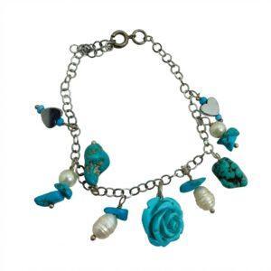 Bracciale Charm in Turchese e Perle Barocche con Rosa