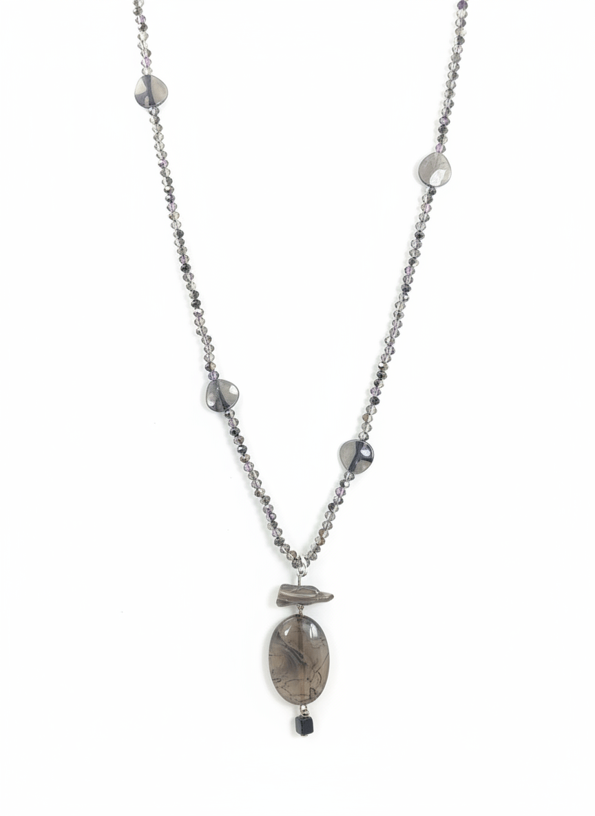 Collana Media in Agata Grigia Maculata e Cristalli Fumé