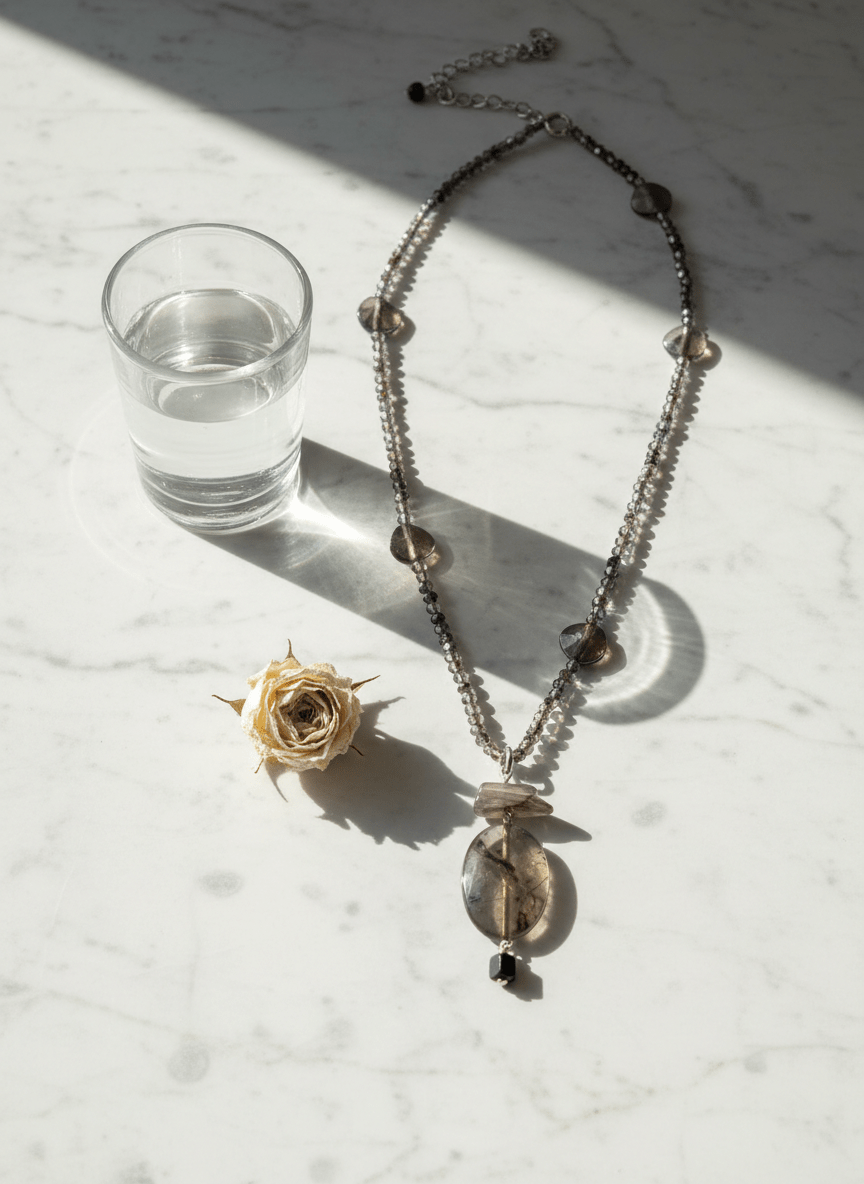 Collana Media in Agata Grigia Maculata e Cristalli Fumé - immagine 2